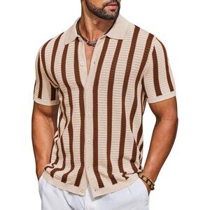 Men's Caramel Knit Shirts Short Sleeve Button Shirts Striped Casual Summer